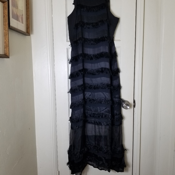 HUNTER BELL black overlay fuzzy stripe sleeveless spaghetti strap maxi dress - Picture 2 of 10